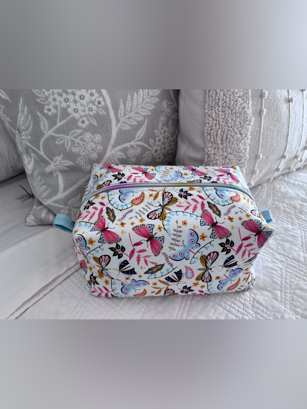 NWT Cosmetic Bag in a moth insect print boxy style zipper top